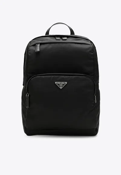 Prada Triangle Logo Re-nylon Backpack In Black
