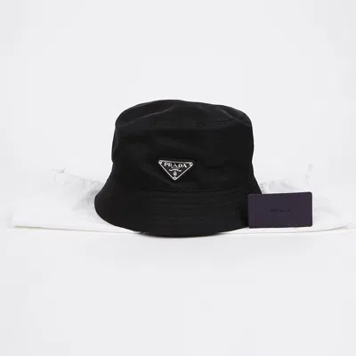 Pre-owned Prada Triangle Logo Re-nylon Bucket Hat Black