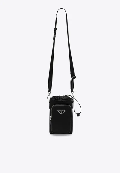 Prada Triangle Logo Re-nylon Phone Holder In Black