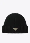 Prada Womens Black Logo-embellished Knitted Wool Beanie In Black
