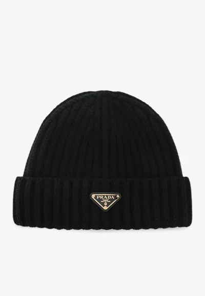 Prada Triangle Logo Rib Knit Beanie In Black
