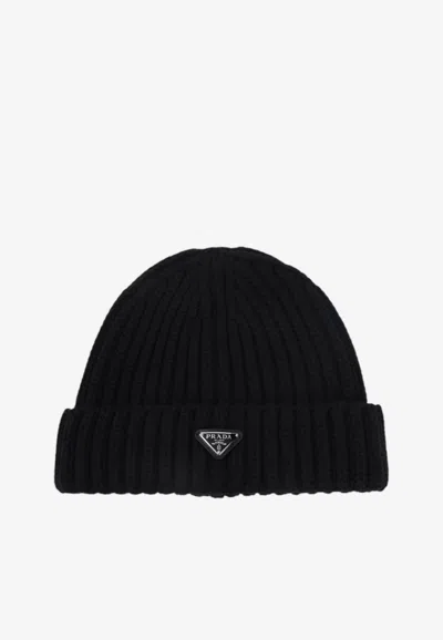 Prada Triangle Logo Ribbed Beanie In Black
