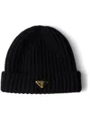 Prada Triangle-logo Ribbed Beanie In Black