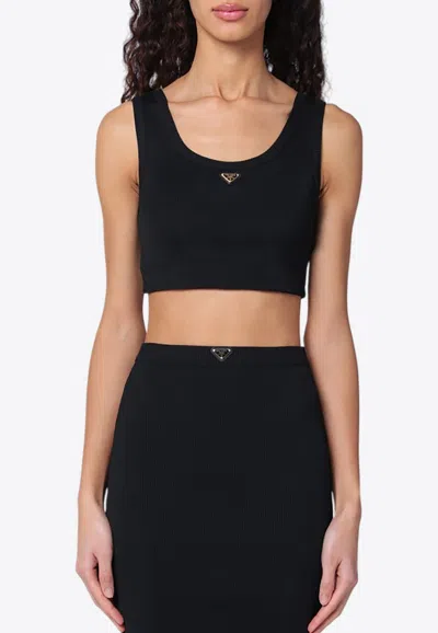 Prada Logo Ribbed-knit Jersey Crop Top In Black