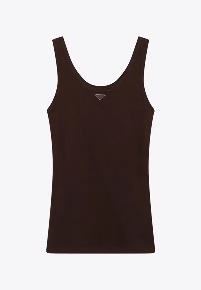 Prada Triangle Logo Ribbed Tank Top In Brown