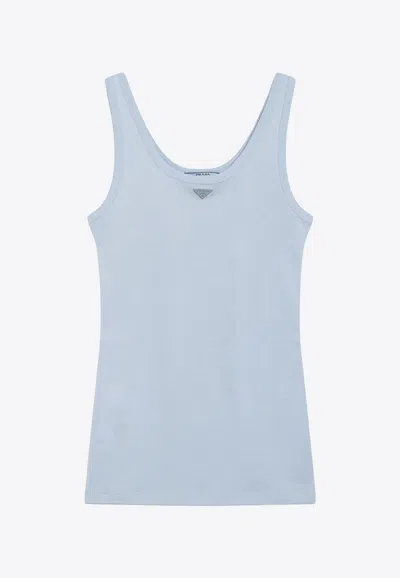 Prada Triangle Logo Ribbed Tank Top In Light Blue