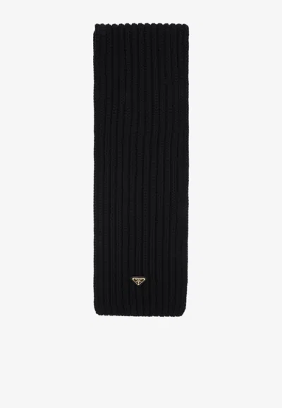 Prada Triangle Logo Ribbed Virgin Wool Scarf In Black