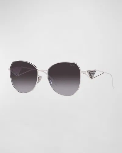 Prada Triangle Logo Round Metal Sunglasses In Dark Grey