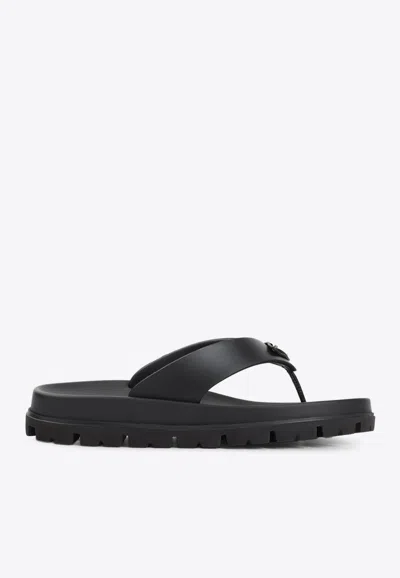 Prada Triangle Logo Rubber Thong Sandals In Black