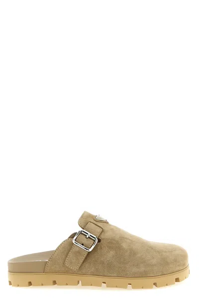 Prada Triangle Logo Sabots In Neutral