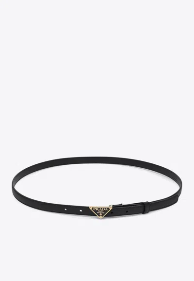 Prada Triangle Logo Saffiano Thin Leather Belt In Black