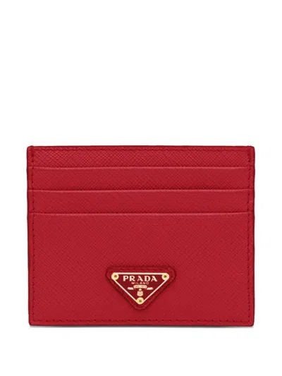 Prada Triangle-logo Saffiano Leather Card Holder In Red