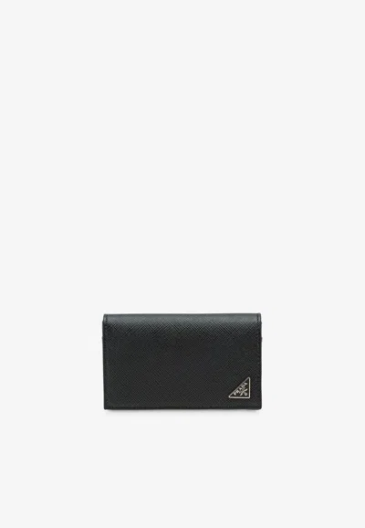 Prada Triangle Logo Saffiano Leather Cardholder In Black