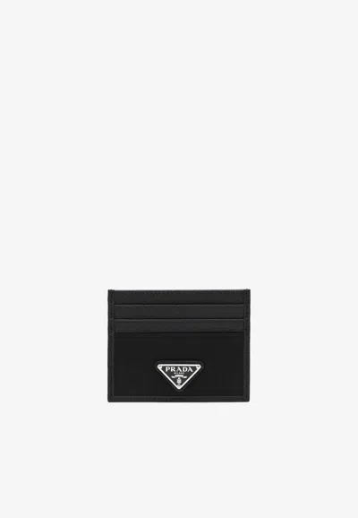 Prada Triangle Logo Saffiano Leather Cardholder In Black