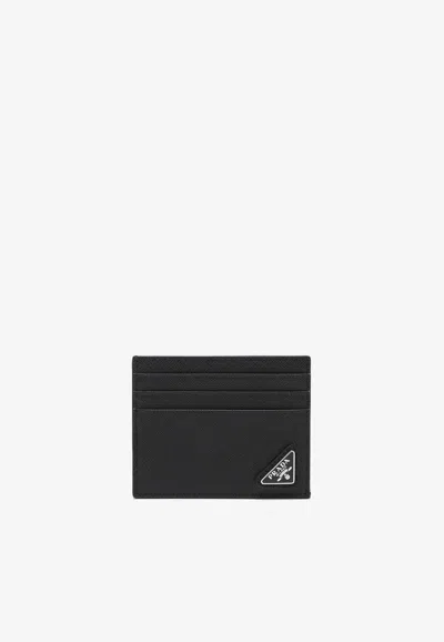 Prada Triangle Logo Saffiano Leather Cardholder In Black