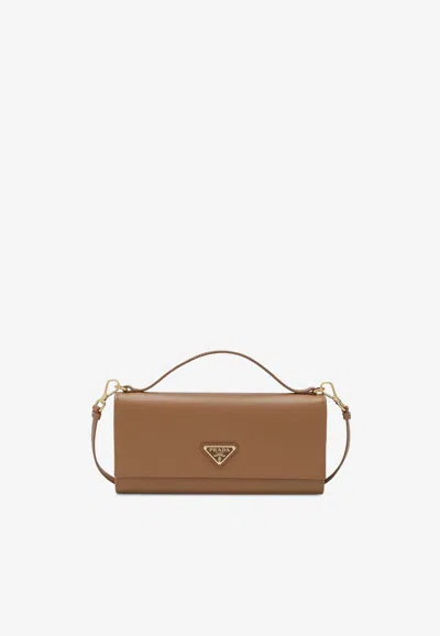 Prada Triangle Logo Saffiano Leather Chain Clutch In Brown