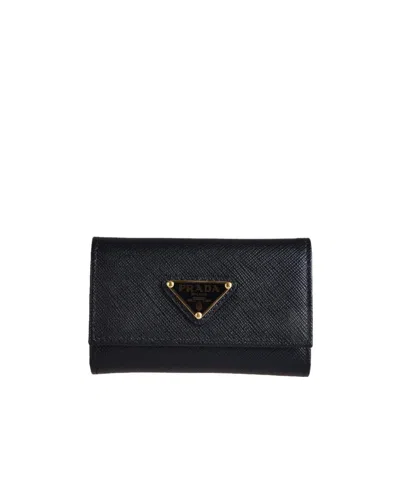 Prada Triangle Logo Saffiano-leather Keyring Case In Black