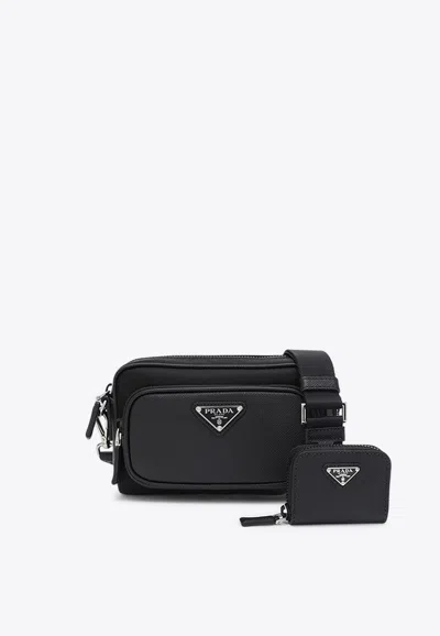 Prada Triangle Logo Saffiano Leather Messenger Bag In Black