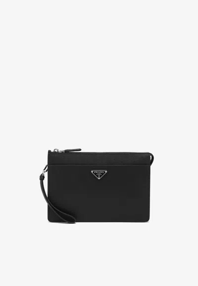 Prada Triangle Logo Saffiano Leather Pouch Bag In Black