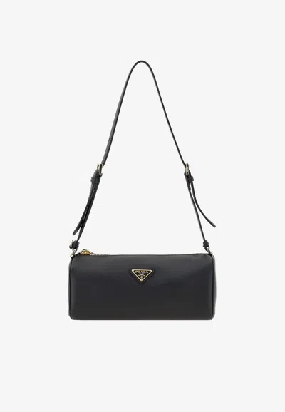 Prada Triangle Logo Saffiano Leather Shoulder Bag In Black