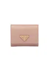 Prada Triangle Bifold Metallic Leather Wallet In Pink