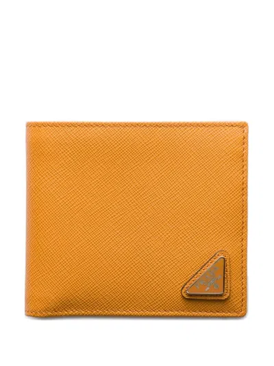 Prada Mens Orange Logo-plaque Saffiano Leather Wallet In Yellow