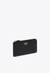 Prada Triangle Logo Saffiano Leather Zip Cardholder In Black