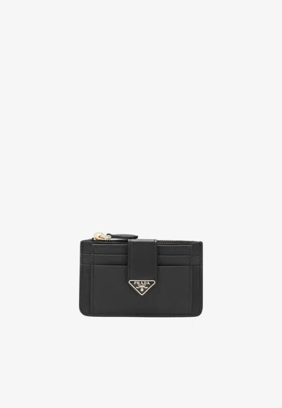 Prada Triangle Logo Saffiano Leather Zip Cardholder In Black