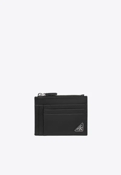 【PRADA】Triangle logo Saffiano zip card holder Prada Triangle Logo Saffiano Leather Zip Card Case | Neiman