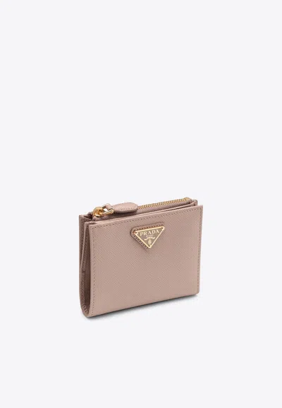 Prada Triangle Logo Saffiano Leather Zip Wallet In Powder