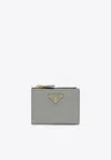 Prada Triangle Logo Saffiano Zipped Cardholder In Green