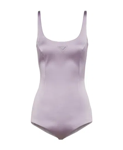 Prada Triangle-logo Satin Bodysuit In Purple
