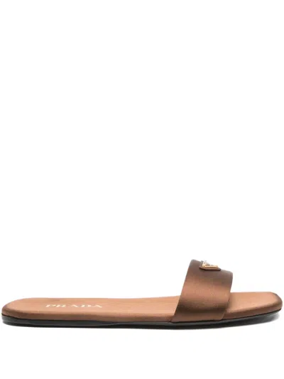 Pre-owned Prada Triangle-logo Satin Slides In Brown