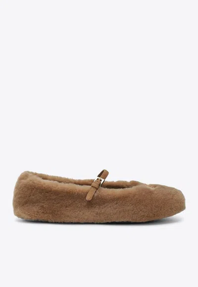 PRADA TRIANGLE LOGO SHEARLING BALLET FLATS