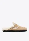 Prada Triangle Logo Shearling Flat Mules In Beige