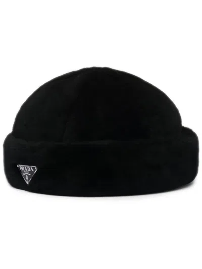 PRADA TRIANGLE-LOGO SHEARLING HAT