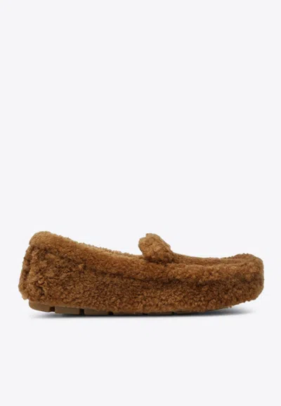 Prada Triangle Logo Shearling Loafers In Brown