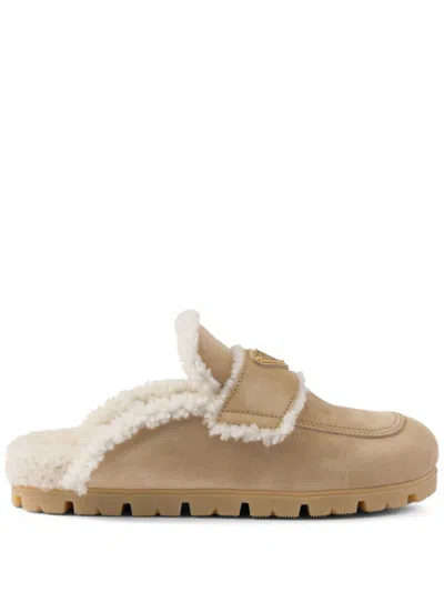 Prada Triangle-logo Shearling Mules In Nude
