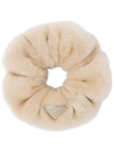 Prada Triangle-logo Hair Scrunchie In Beige
