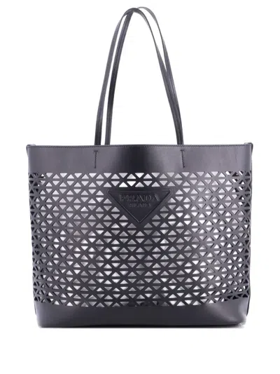 Pre-owned Prada Triangle Logo Shopper Tote Laser Cut Leather Medium Shoulder Bag In Black