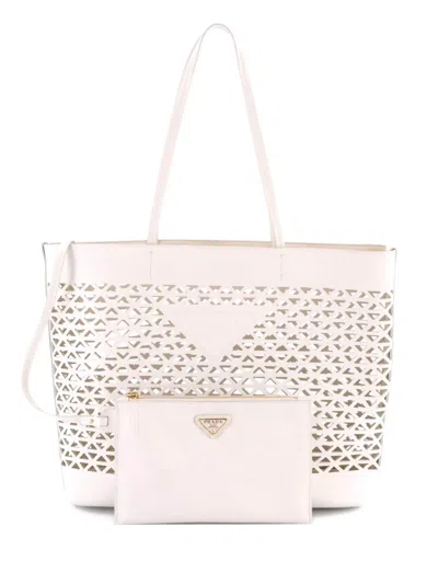 Pre-owned Prada Triangle Logo Shopper Tote Laser Cut Leather Medium Shoulder Bag In White