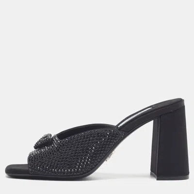 Pre-owned Prada Triangle Logo Size 37 Black Satin Crystal Embellished Block Heel Slide Sandals