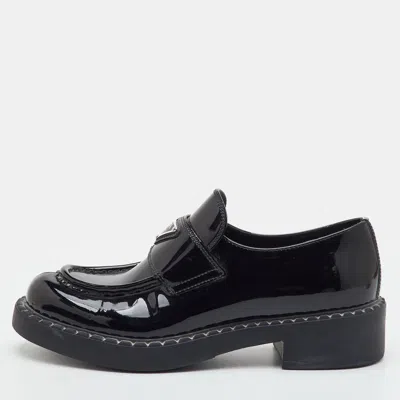 Pre-owned Prada Triangle Logo Size 38 Black Patent Leather Platform Loafers