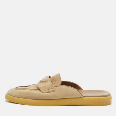 Pre-owned Prada Triangle Logo Size 38.5 Beige Suede Sabot Mules