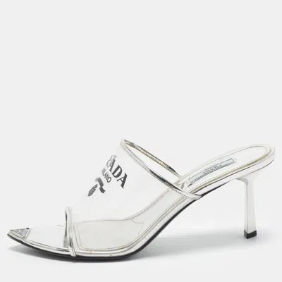 Pre-owned Prada Triangle Logo Size 41 Transparent/silver Leather And Pvc Slide Sandals