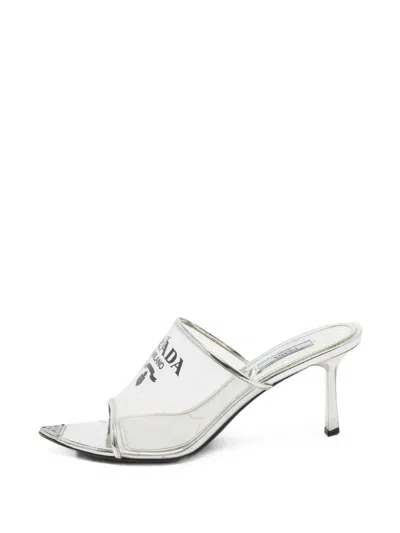 Pre-owned Prada Triangle Logo Slide Sandals In Silver
