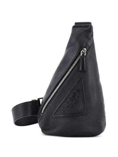 Pre-owned Prada Triangle Logo Sling Bag Leather Backpack In Black