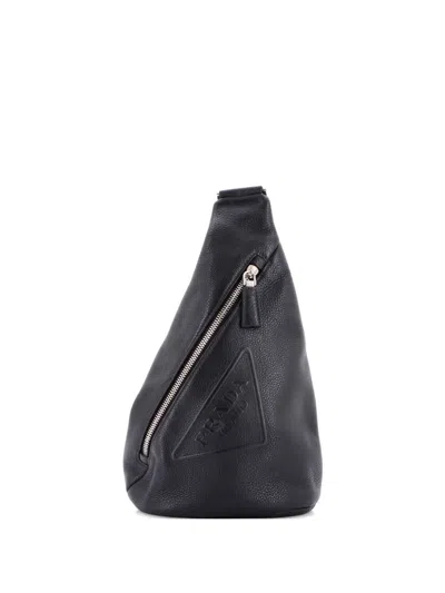 Pre-owned Prada Triangle Logo Sling Bag Leather Backpack In Black