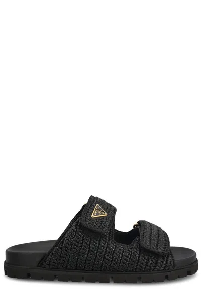 Prada Triangle-logo Slip-on Sandals In Black