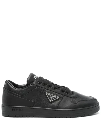 Prada Leather Sneakers With Embellished Inserts And Padded Ankle In Nero